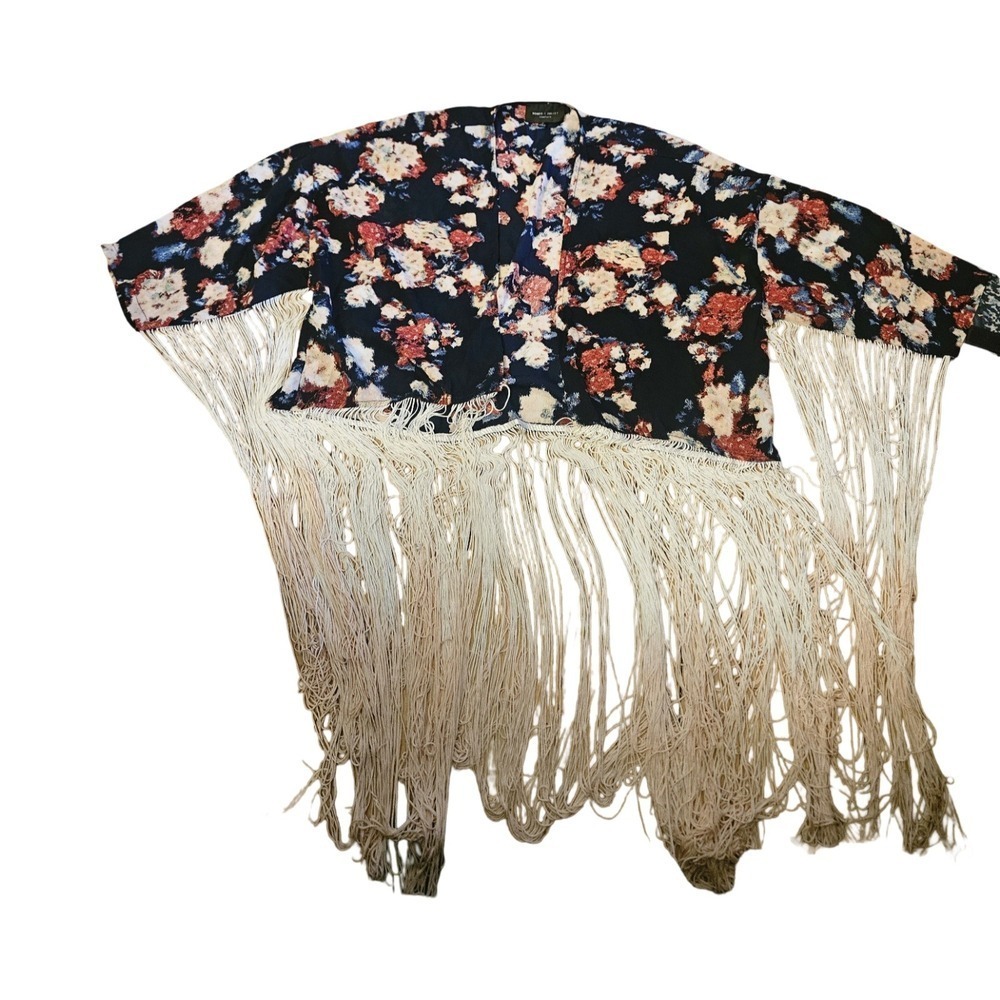 Romeo + Juliet Couture Floral Fringe Kimono Wrap Navy Blue Pink Womens Medium